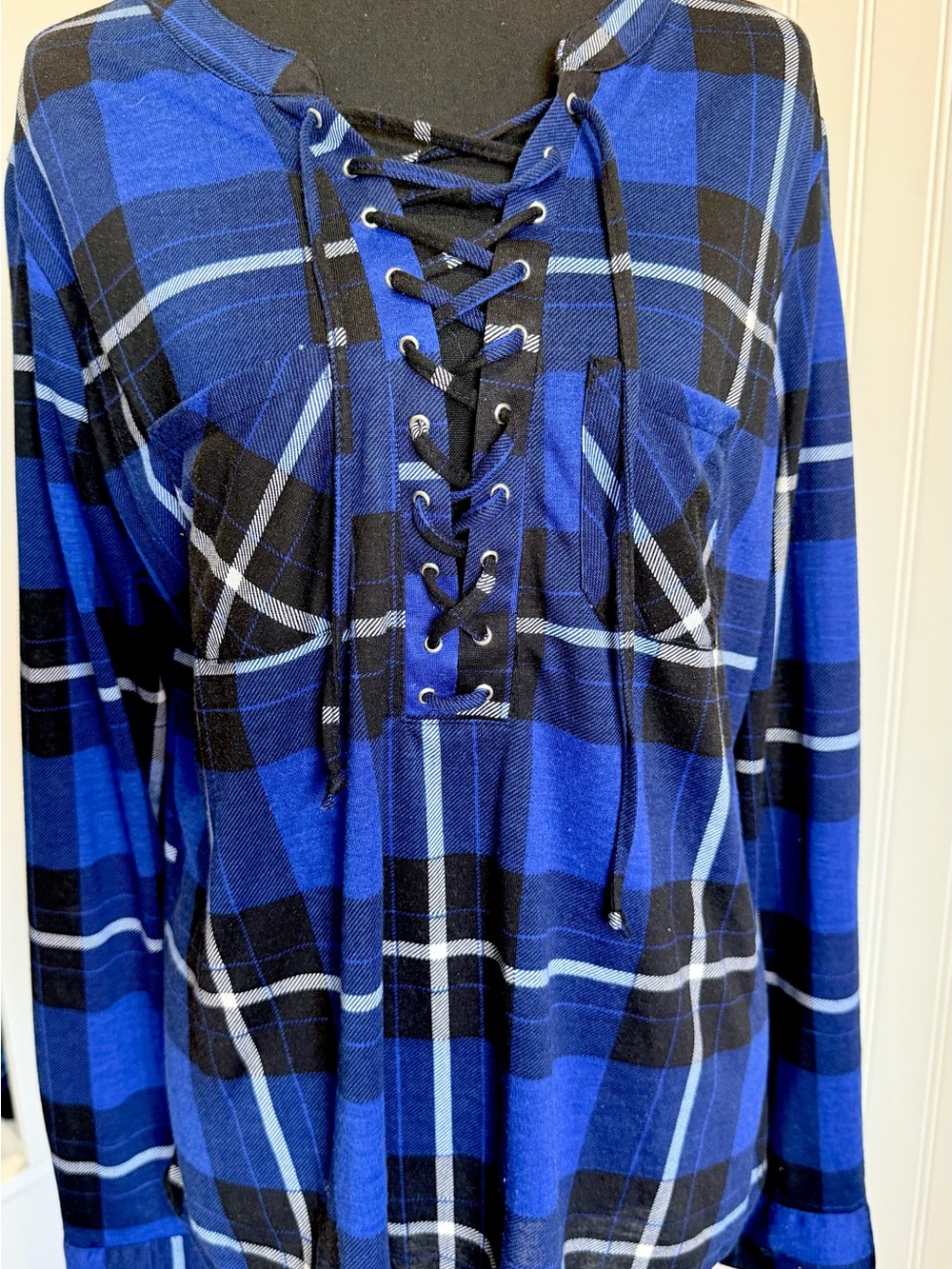 Rue21 Blue and Black Plaid Lace-Up Long Sleeve Shirt